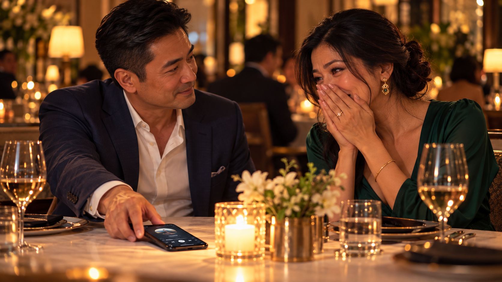 A woman overwhelmed with joy at a candlelit dinner as her husband plays her a song