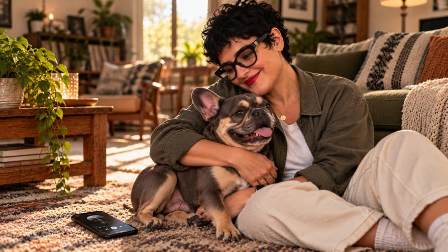 A woman hugging her French bulldog on a cozy rug