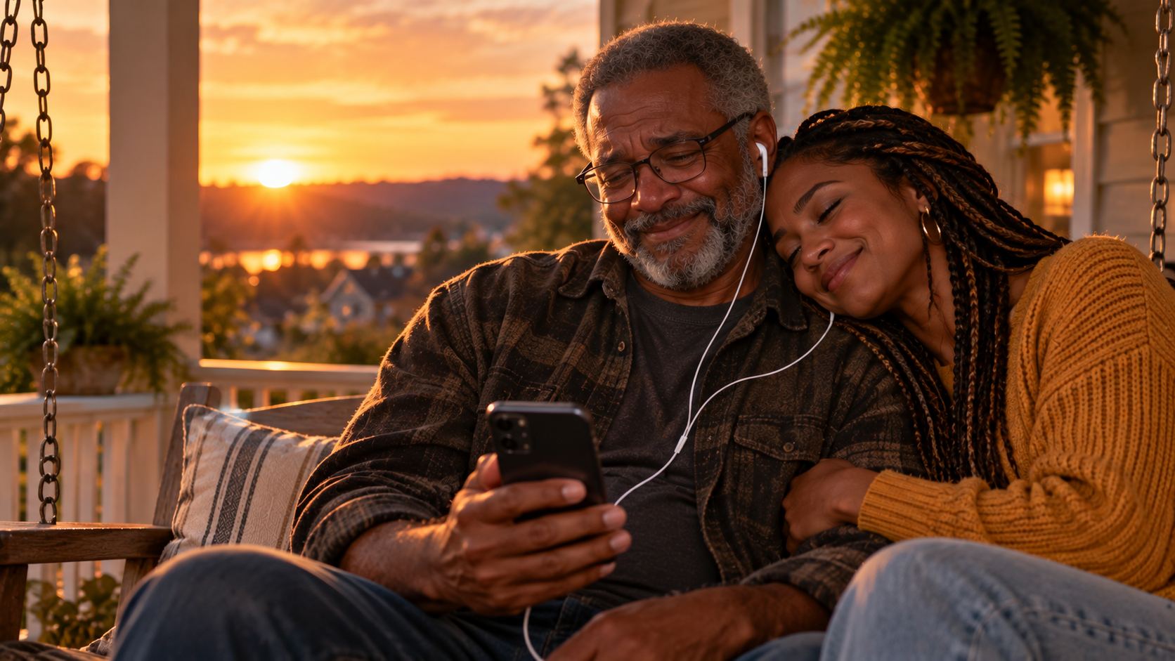 A father on a porch swing at sunset listening to a song with his daughter resting on his shoulder